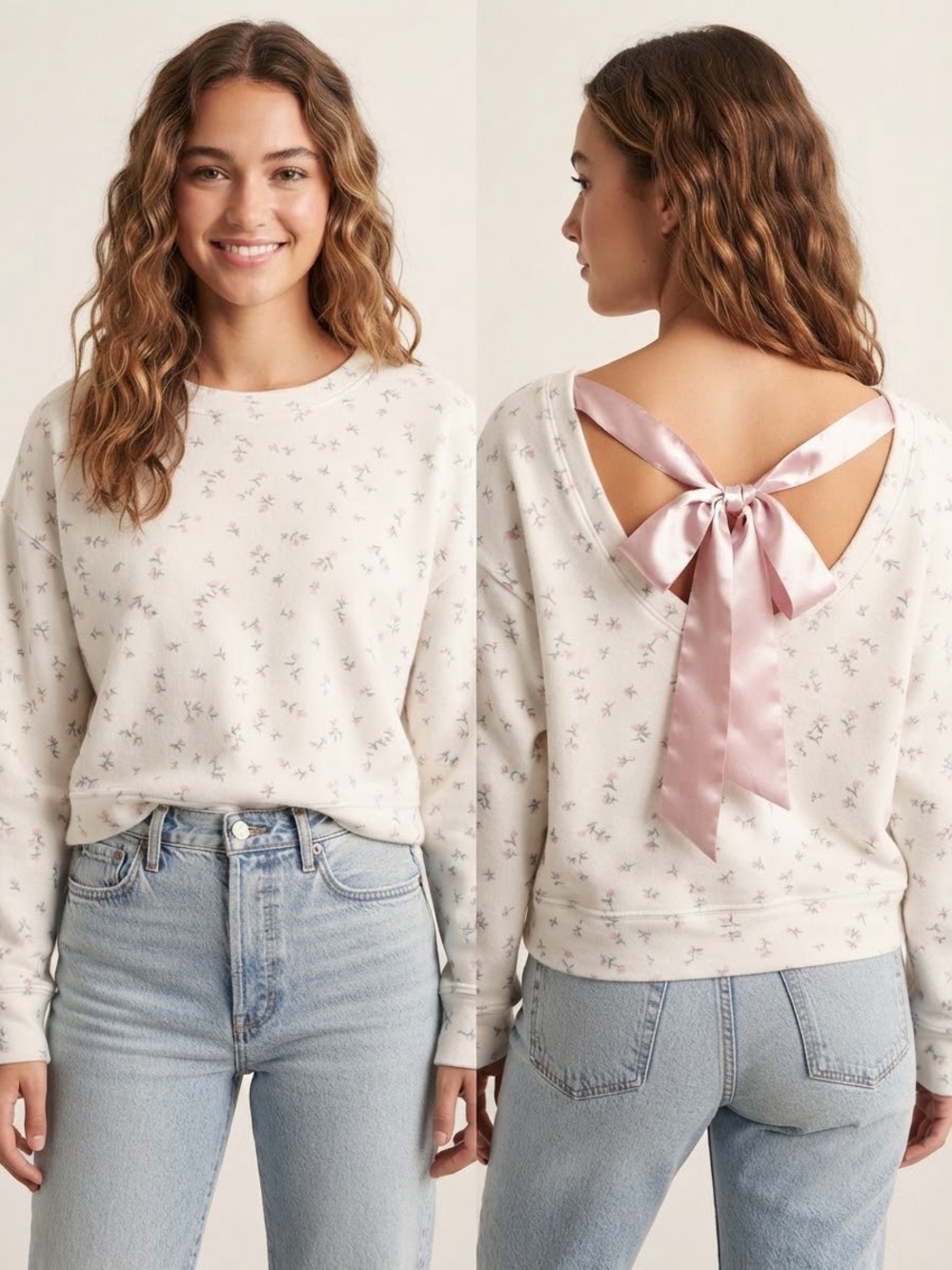 NWT Hollister Floral Print Sweatshirt with Satin Bow Open Back Size L